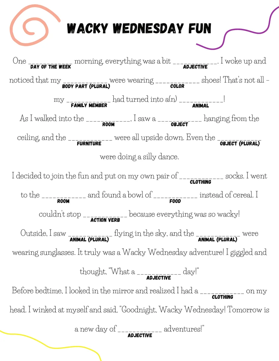 Family Fun Day Camp, Wacky Wednesday theme — Wacky Wednesday Mad Libs page
